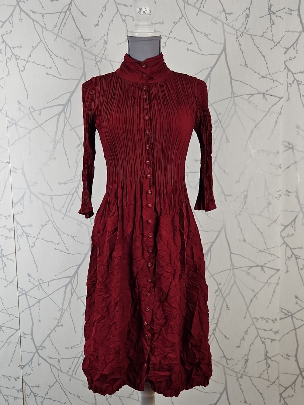 Alquema Ruby Red Crinkle Stretch Nehru Coat Dress
